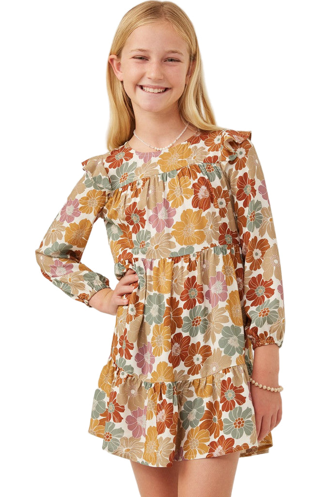 Girls Mixed Floral Print Ruffle Shoulder Dress