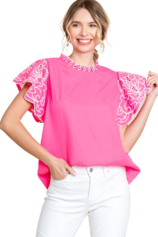 Hot Pink Embroidered Sleeve Top