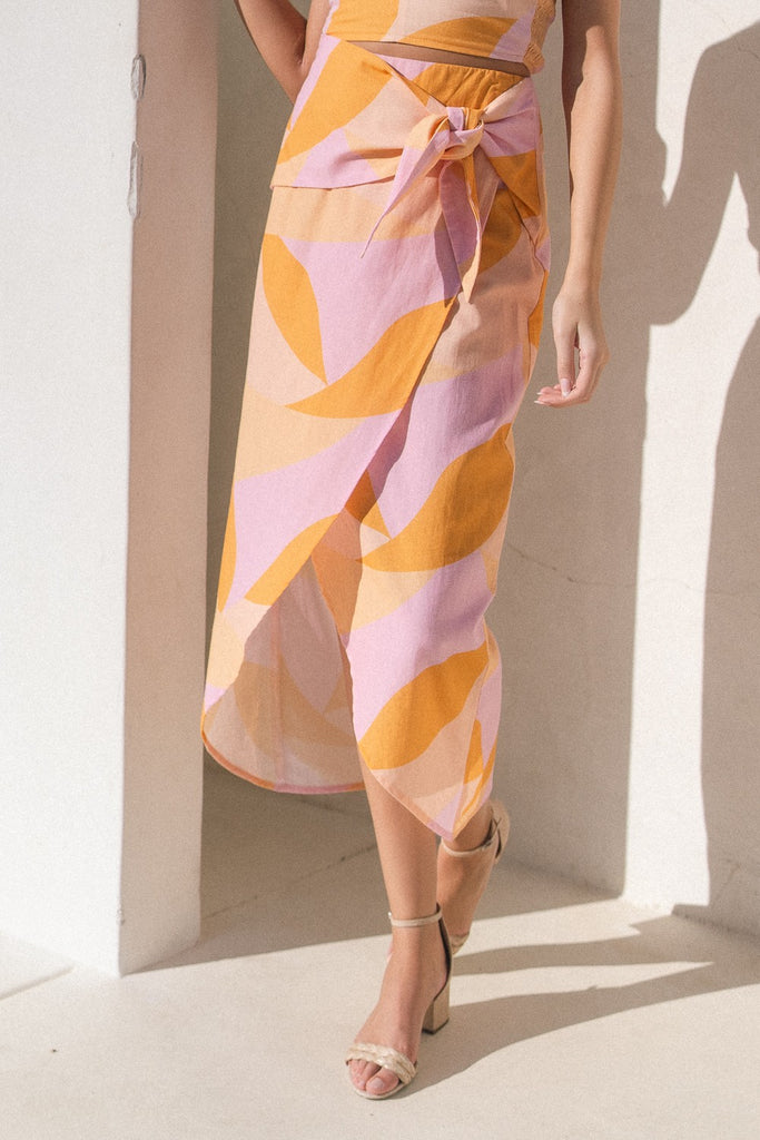 Pastel Pink and Orange Wrap Midi Skirt