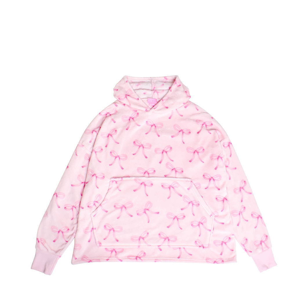 Girl's Pink Bow Print Fleece Pullover Blanket Hoodie