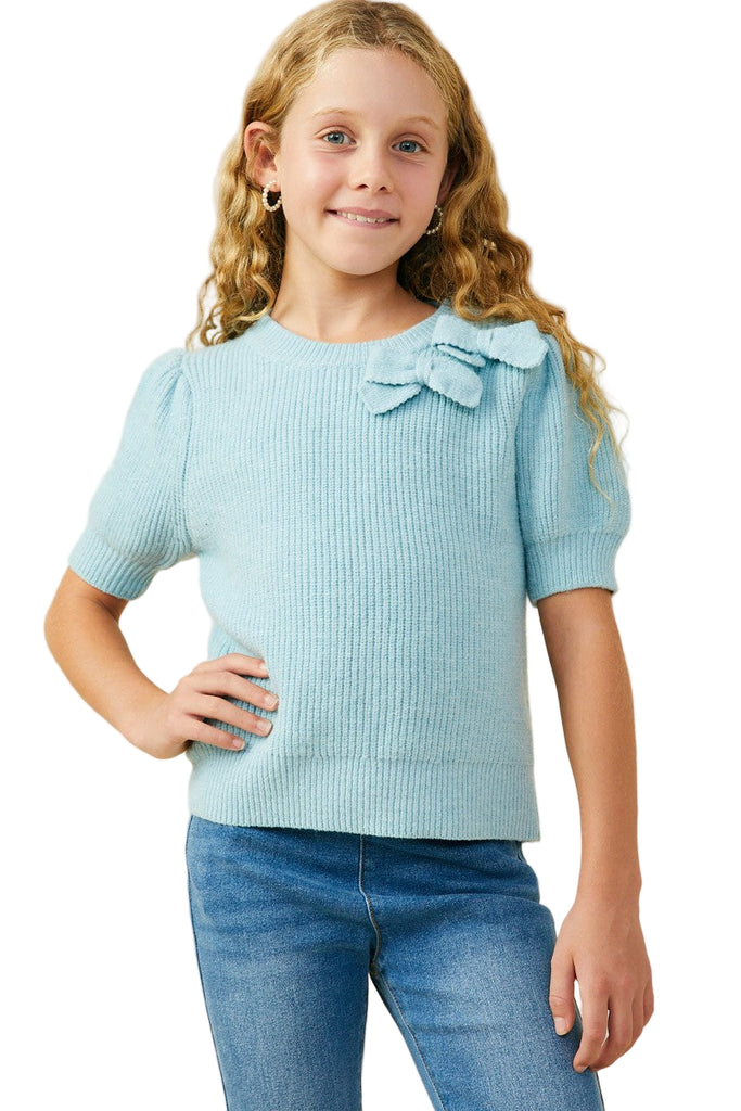 Girls Bow Puff Sleeve Short Sleeve Sweater Top