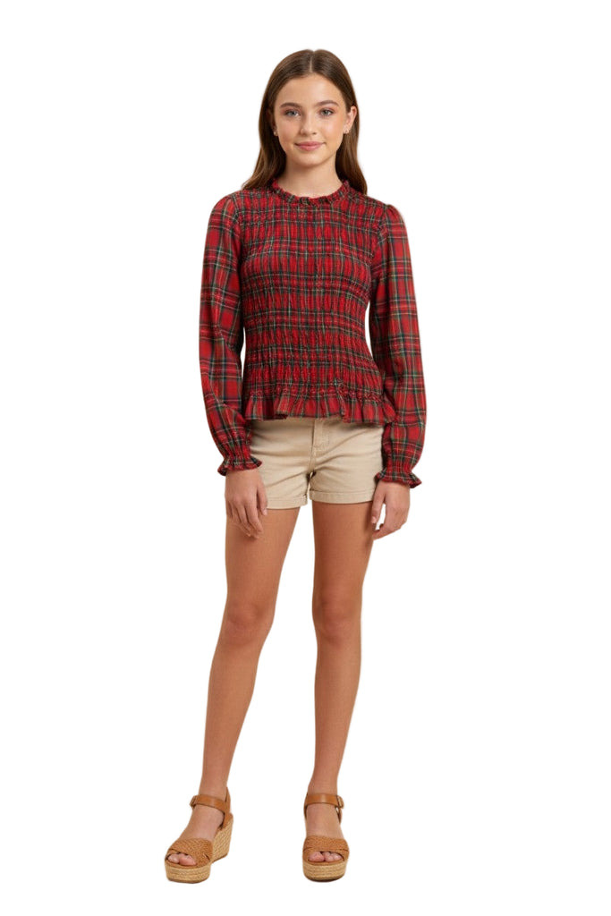 Girls Plaid Ruffle Neck Smocked Body Top