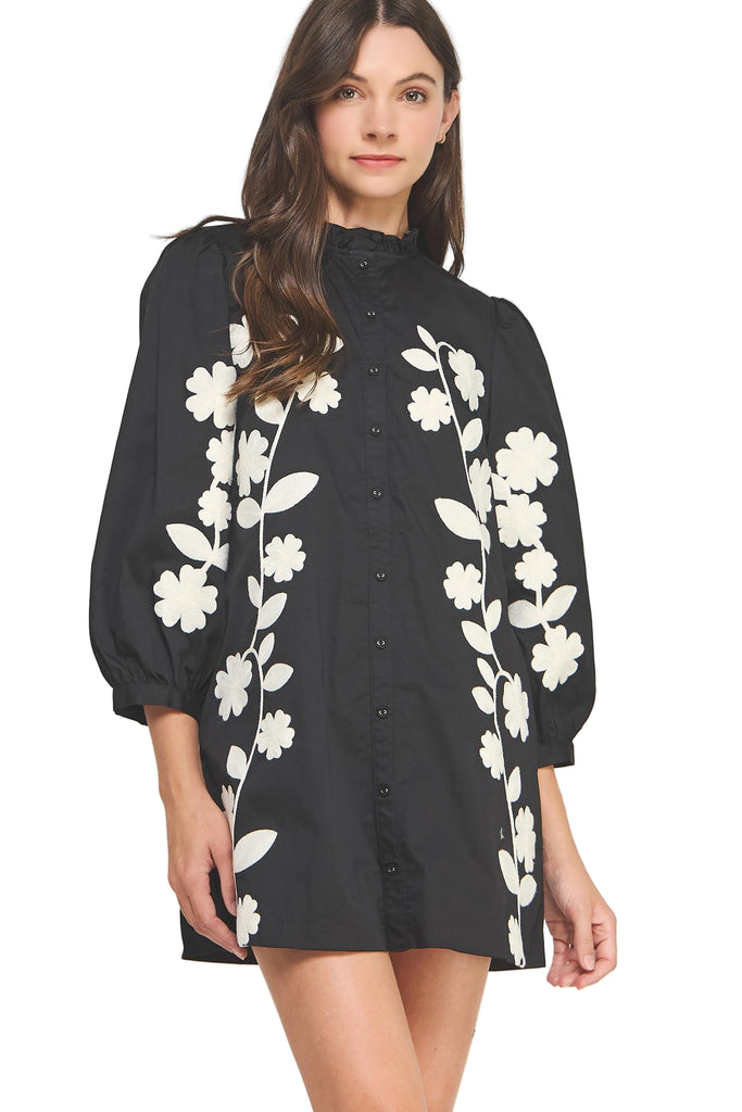 Flower Embroidery Ruffle Neck Mini Dress