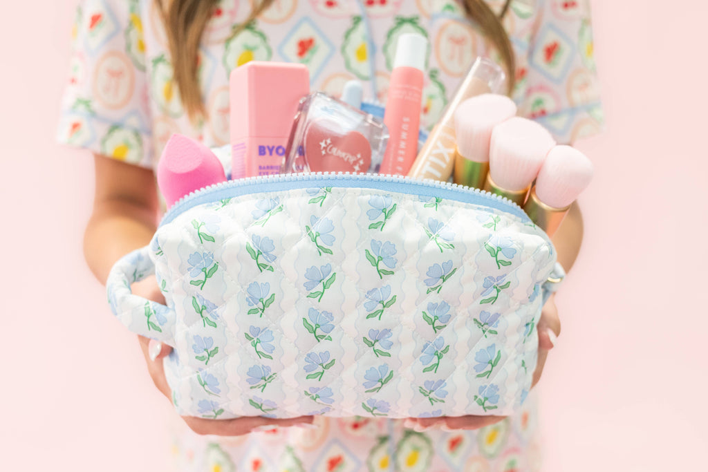Quilted Cosmetic Pouch with Side Handle Blue Belle Floral