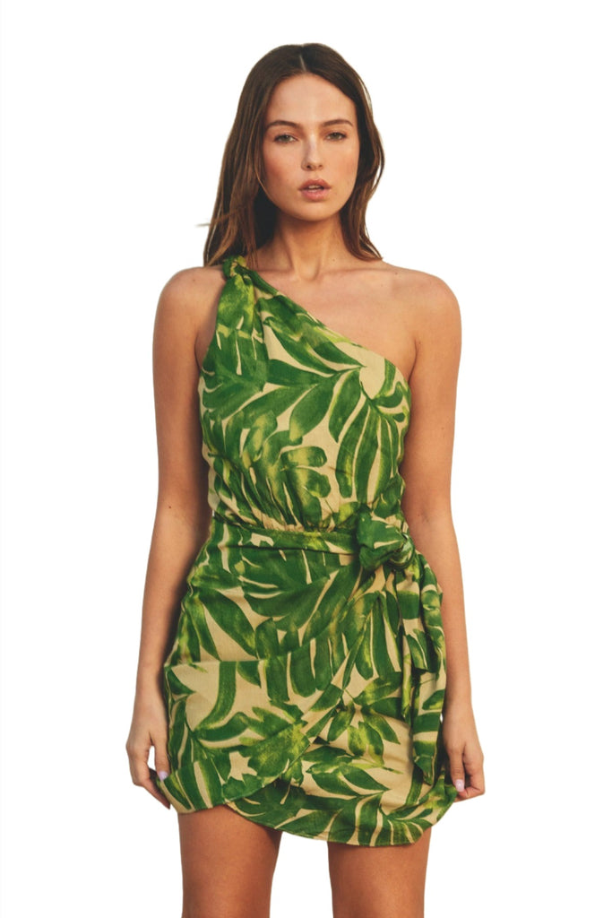 Green Leaf Print Mini Dress