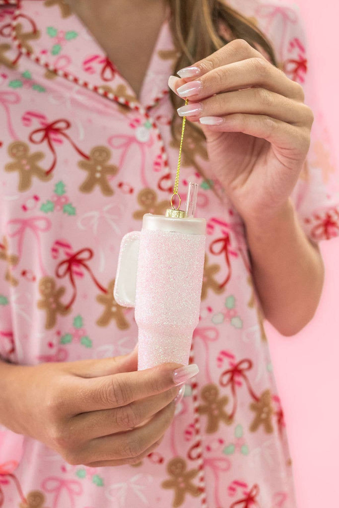 Pink Glittered Trendy Tumbler Christmas Ornament