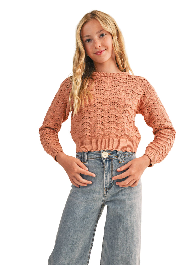 Girl's Crew Neck Wavy Pointelle Sweater