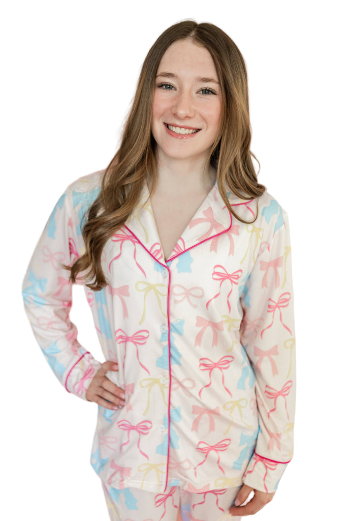 Pink Pastel Bows Long Sleeve Loungewear Pajama Set