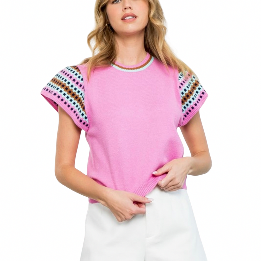 Pink Short Sleeve Grid Sweater Top