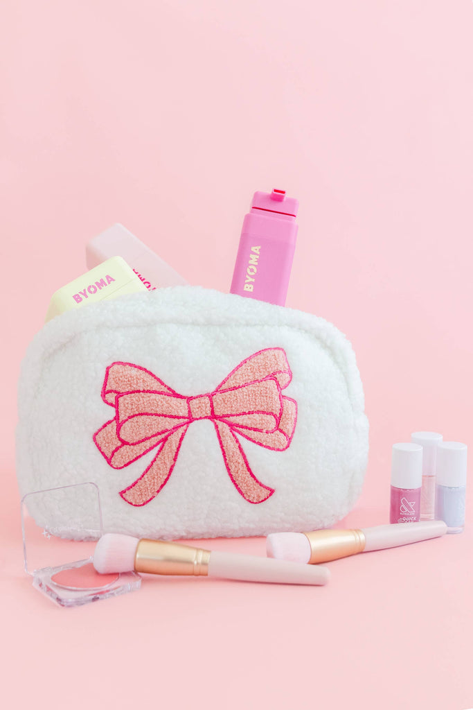 Plush Cosmetic Bag with Embroidered Pink Bow