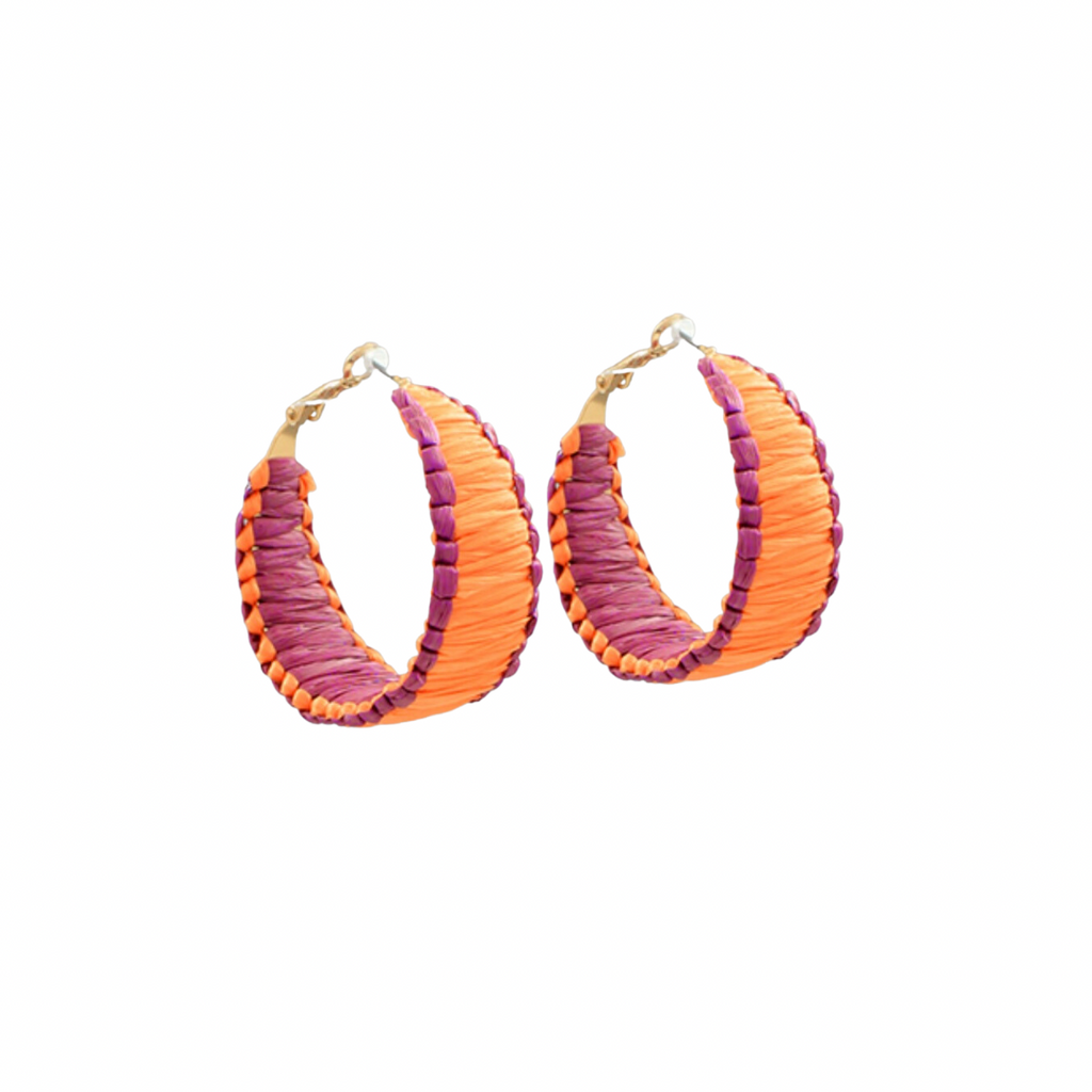 Purple and Orange Raffia Hoop Earrings