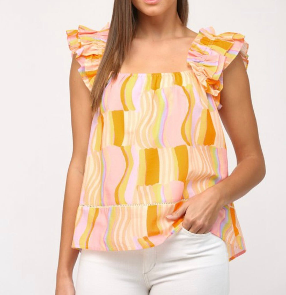 Printer Voile Ruffle Shoulder Top