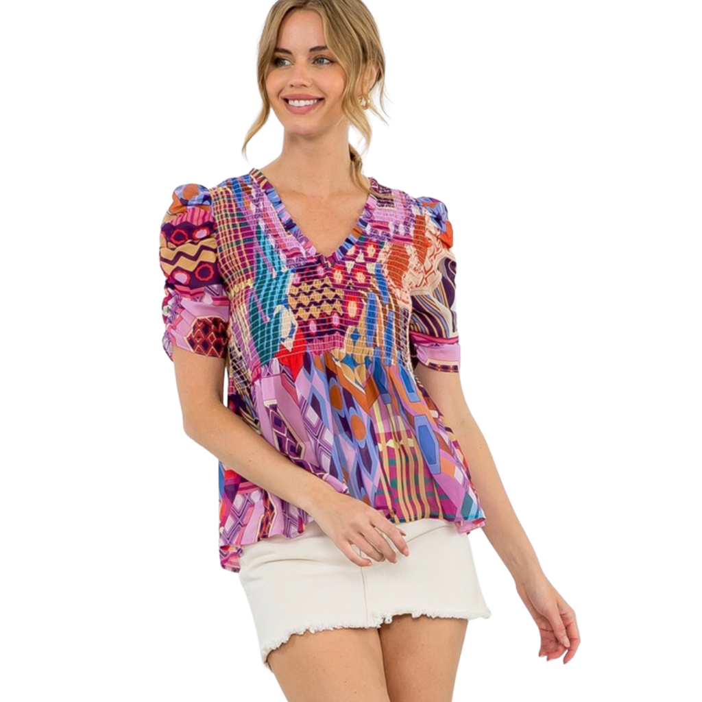 Purple Multi Colored Ruched Sleeve Top