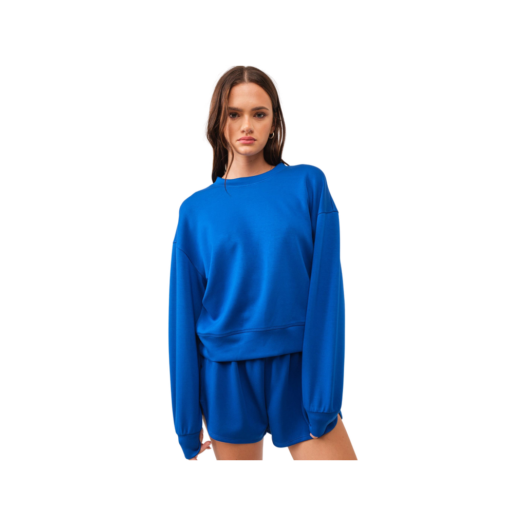 Cobalt Blue Soft Textured Sweatshirt and Shorts Set