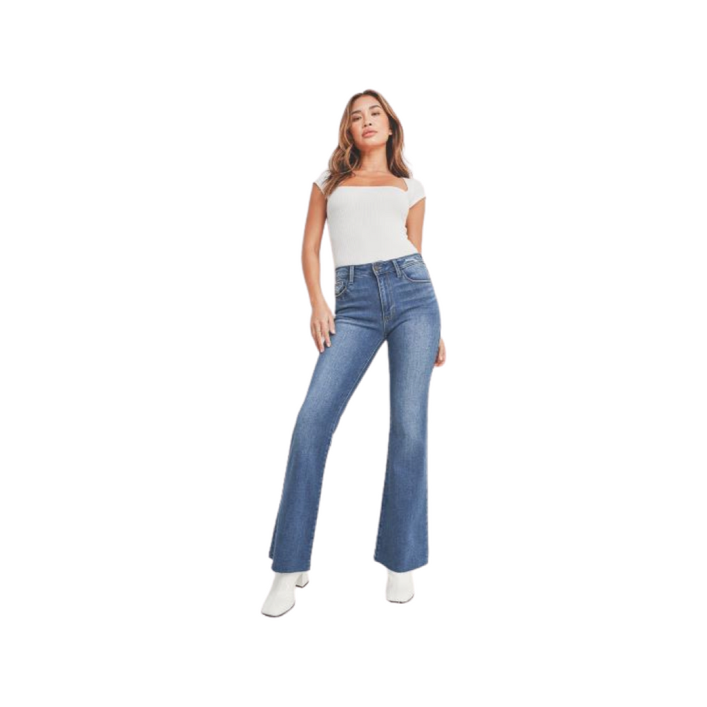 Dark Denim Flare Jeans with Hem Detail