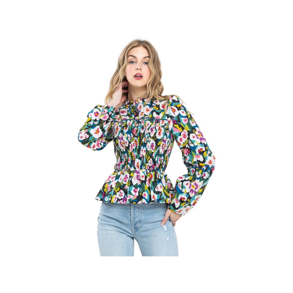 Blue Floral Long Sleeve Top