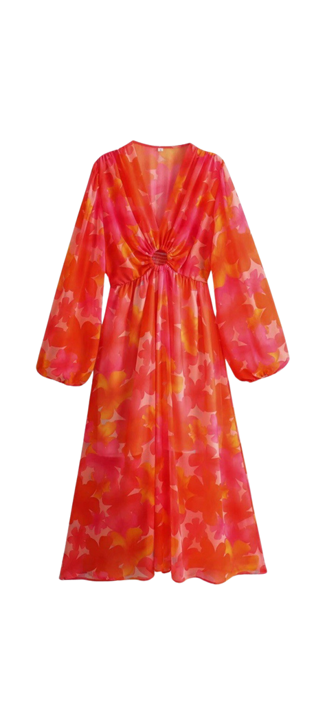 Pink and Orange Long Sleeve Floral Maxi