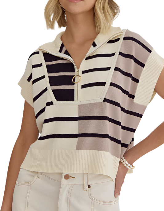 Striped Short Sleeve Sweater with Zipper