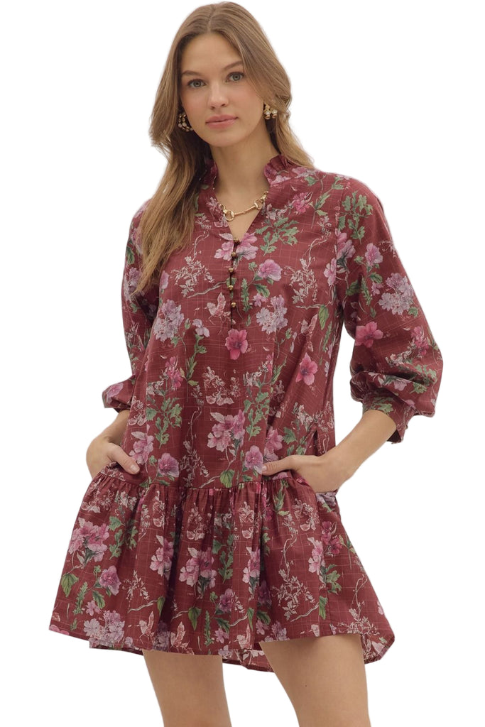 Floral Ruffle Hem Dress Burgundy