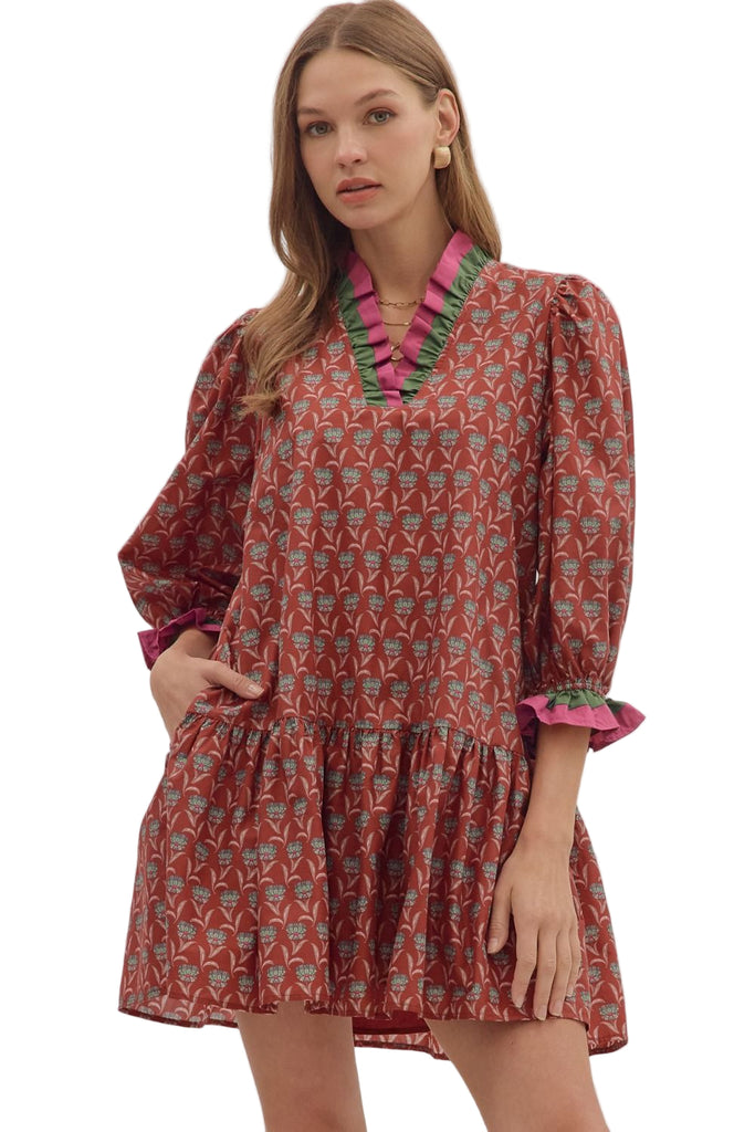 Floral 3/4 Sleeve Dress Rust