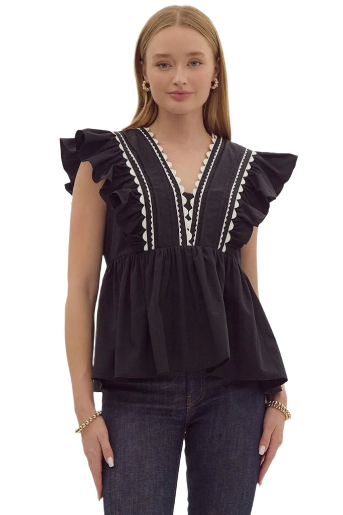 Black and Cream Ruffle V-neck Top