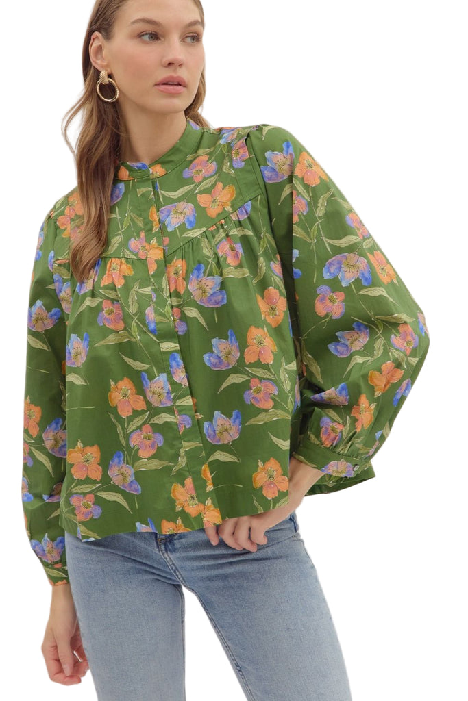 Floral Print Long Sleeve Top Olive
