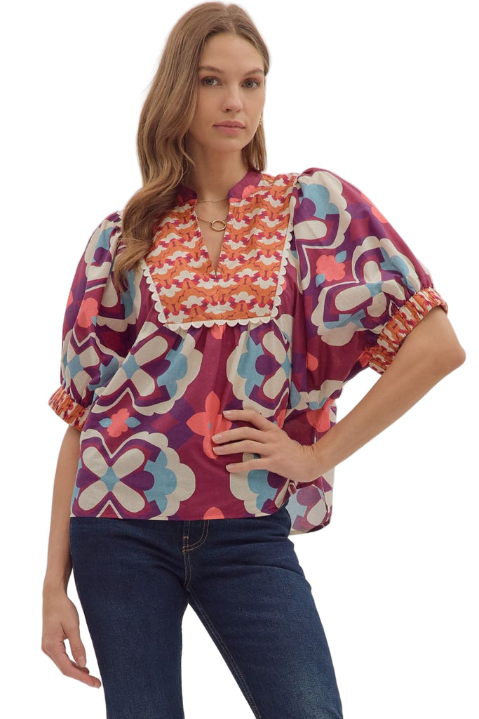 Plum Geometric Puff Sleeve Top