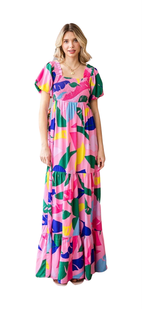 Pink Multi Leaf Print Maxi Dress