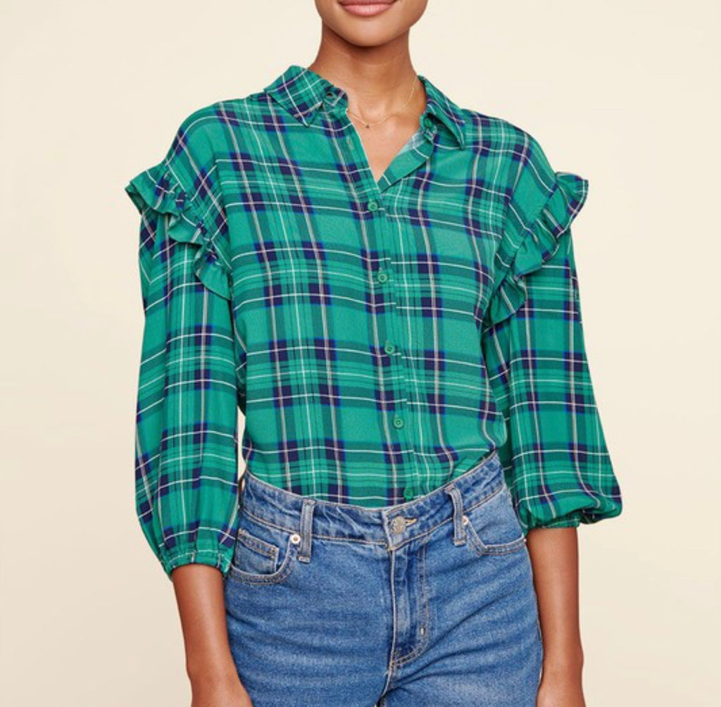 Green and Navy Plaid Top