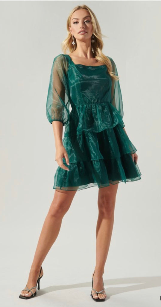 Emerald Green Organza Tiered Mini Dress